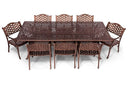 Copper outdoor dining set with a table and eight chairs on a white background