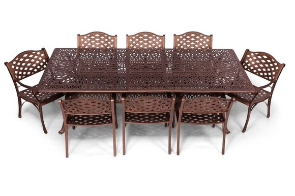 Copper outdoor dining set with a table and eight chairs on a white background