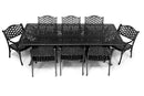 Black outdoor dining set with table and chairs on a white background