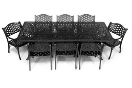 Black outdoor dining set with table and chairs on a white background