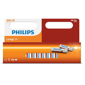 Philips Longlife Zinc AAA Batteries 1.5V 12 Pack Window