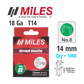 Miles Galvanised Brad Nail T14 18g 14mm 1000 Piece No. 8 - image 01
