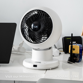 Image of a Crystal Aire Turbo Cool Circulator Desktop Fan out of packaging