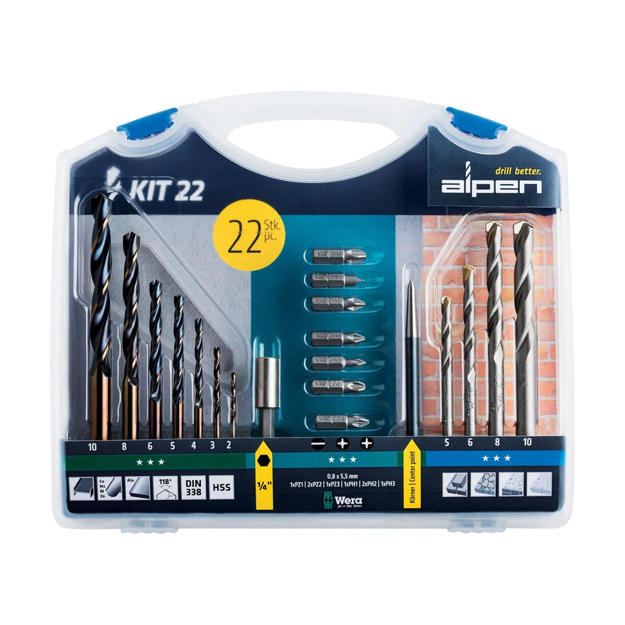 Alpen Drill And Screwdriver Bit Set 22 Piece In Carry Case Steel & Masonry - image 01