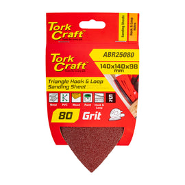 Image of a Tork Craft Sanding Triangle 80 Grit 140 X 140 X 98mm 5 Pack with Holes Hook And Loop