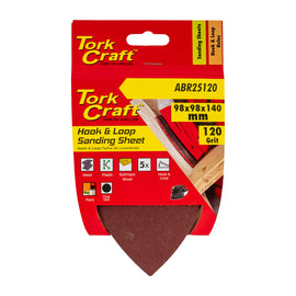 Image of a Tork Craft Sanding Triangle 120 Grit 140 X 140 X 98mm 5 Pack with Holes Hook And Loop