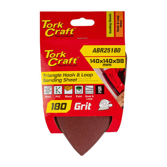 Image of a Tork Craft Sanding Triangle 180 Grit 140 X 140 X 98mm 5 Pack with Holes Hook And Looop