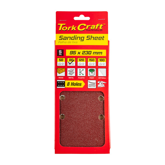 Image of a Tork Craft Sanding Sheet Orbital 95 X 230mm 80 Grit Plain With 8 Holes 5 Pack