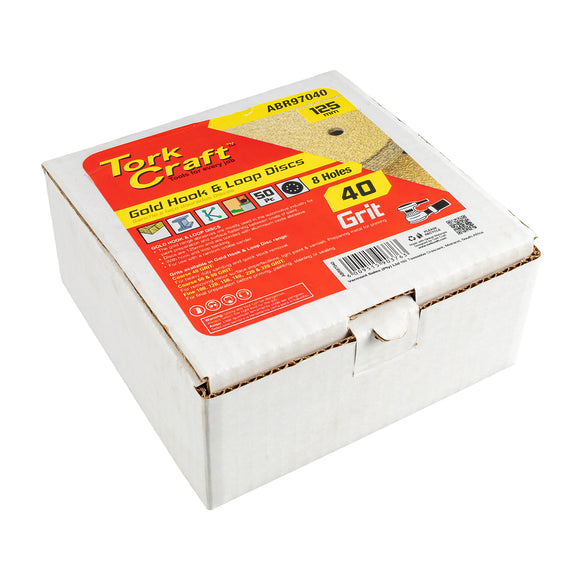 Image of a Tork Craft Gold Disc 40 Grit 125mm X 8 Holes Hook And Loop 50 pieces