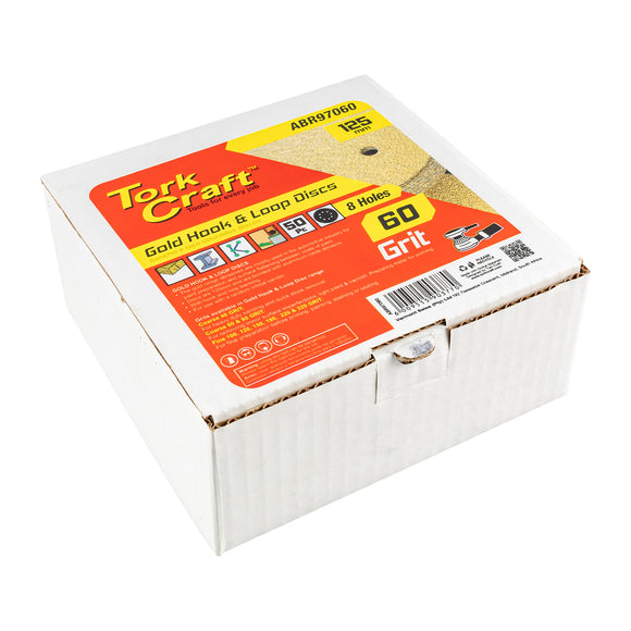 Image of a Tork Craft Gold Disc 60 Grit 125mm X 8 Holes Hook And Loop 50 pieces