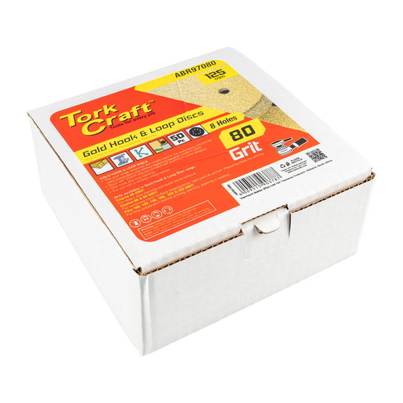 Image of a Tork Craft Gold Disc 80 Grit 125mm X 8 Holes Hook And Loop 50 pieces