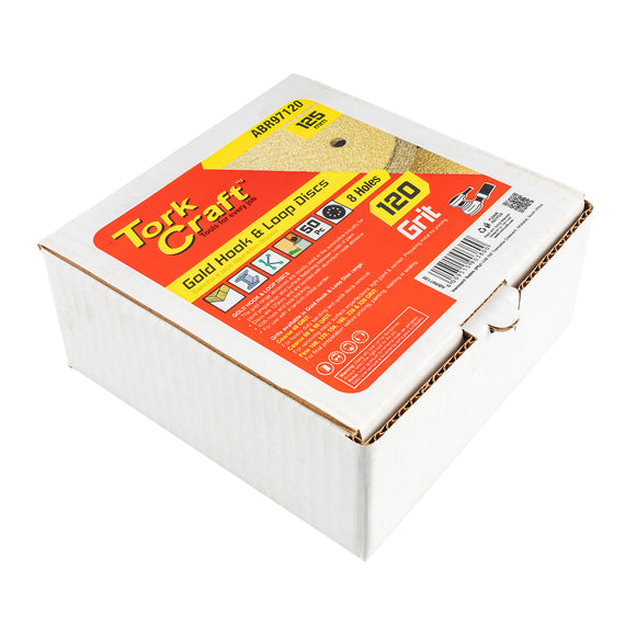 Image of a Tork Craft Gold Disc 120 Grit 125mm X 8 Holes Hook And Loop 50 pieces
