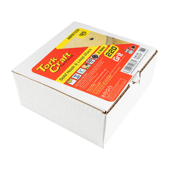 Image of a Tork Craft Gold Disc 220 Grit 125mm X 8 Holes Hook And Loop 50 pieces