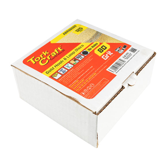 Image of a Tork Craft Gold Disc 80 Grit 125mm Without Hole Hook And Loop 50 pieces