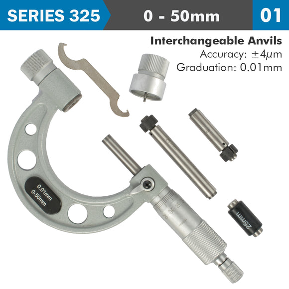 Image of a OUTSIDE MICROMETER 50MM 0.004MM ACC. 0.01MM GRAD. WITH INTERCH. ANVILS