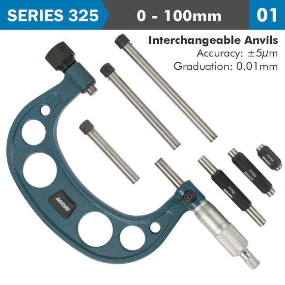 Image of a OUTSIDE MICROMETER 100MM 0.004MM ACC. 0.01MM GRAD. WITH INTERCH. ANVIL
