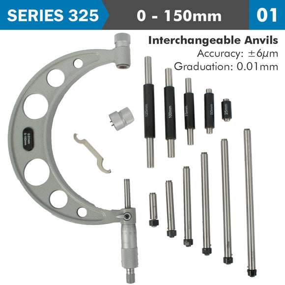 Image of a OUTSIDE MICROMETER 150MM 0.004MM ACC. 0.01MM GRAD. WITH INTERCH. ANVIL