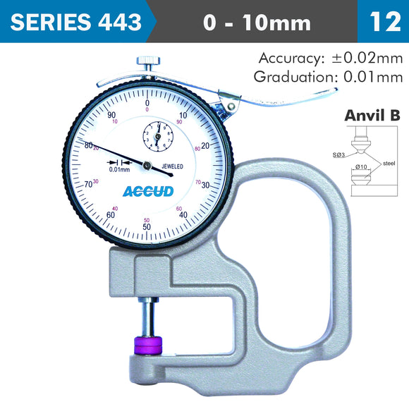Image of a THICKNESS GAUGE 10MM 0.02MM ACC. STEEL ANVIL 0.01MM GRAD.