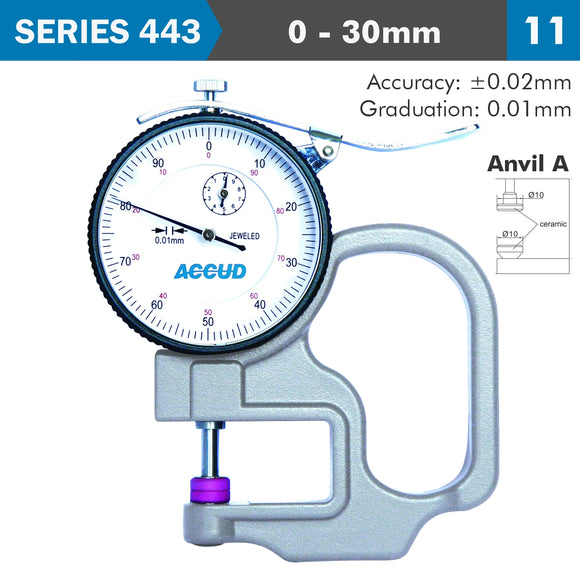 Image of a THICKNESS GAUGE 30MM 0.03MM ACC. CERAMIC ANVIL 0.01MM GRAD.