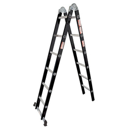Black and silver multi-purpose ladder on a white background