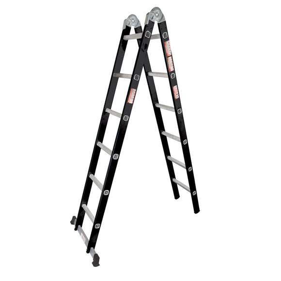 Black and silver multi-purpose ladder on a white background