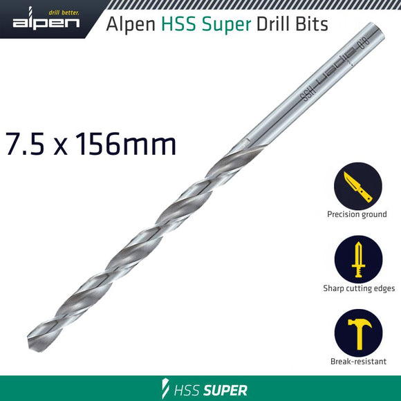 Image of a Alpen HSS Drill Bit Long 7.5 X 156mm Bulk