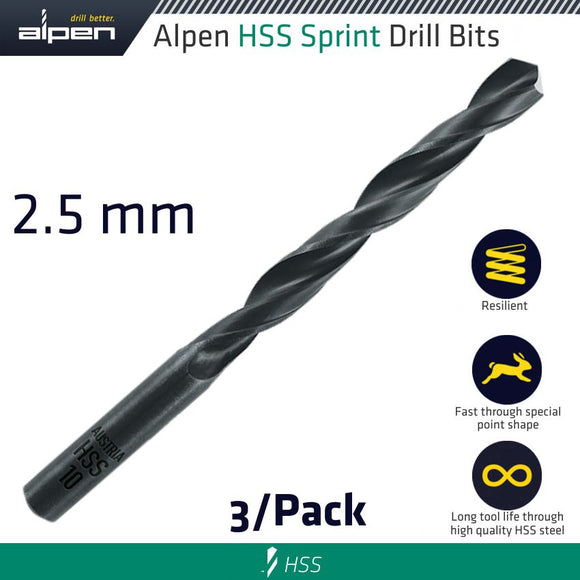 Image of a Alpen HSS Sprint Drill Bit 2.5mm 3/Pack