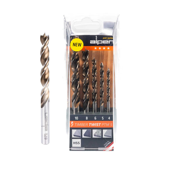 Image of a Alpen Timber Twist Wood Drill Bit Set Ptm5-5  4, 5, 6, 8, 10.0mm