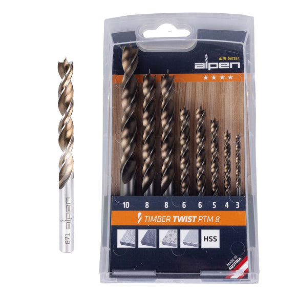 Image of a Alpen Timber Twist Wood Drill Bit Set Ptm8-8 3, 4, 5, 10.0mm, X2 6, 8.0mm