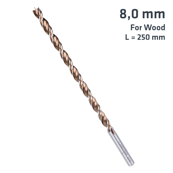 Image of a Alpen Timber Twist 8mm X 250 Long Wood Drill Bit Sleeved