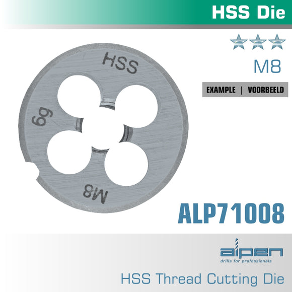 Image of a Alpen Die 8mm Round 25X9mm In Pouch HSS 1.25mm Pitch
