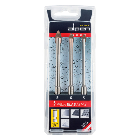 Image of a Alpen Profi Glass Drill Bit Set 3 Piece Hex Shank 5 6 8mm
