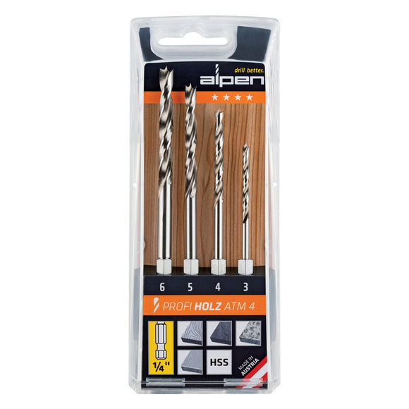 Image of a Alpen Hex Shank Set HSS For Wood 4 Piece 3 4 5 6mm