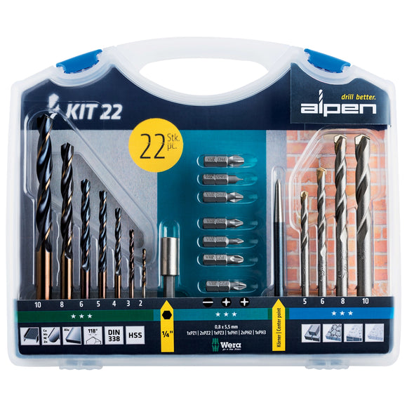 Image of a Alpen Drill And Screwdriver Bit Set 22 Piece In Carry Case Steel & Masonry