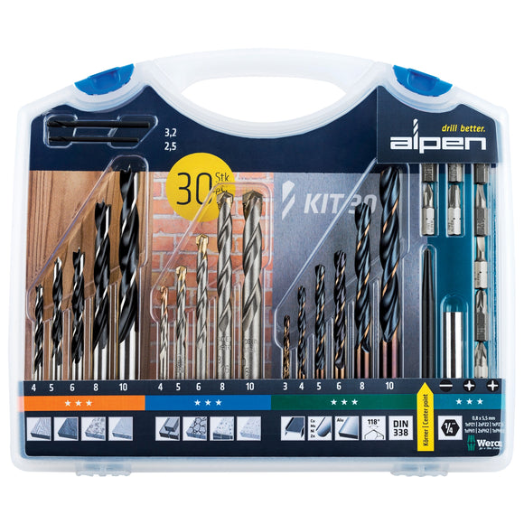 Image of a Alpen Drill And Screwdriver Set 30 Piece In Carry Case Steel Masonry Wood