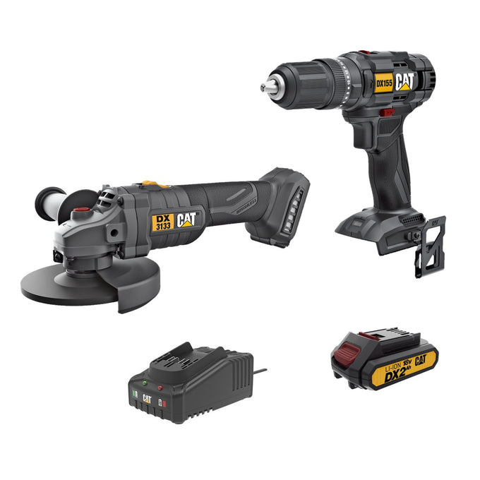 CAT DX155 Cordless Drill 13mm & DX3133 Grinder 115mm Combo incl 1 x 2Ah battery and Charger
