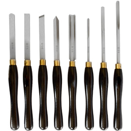 Image of a Tork Craft Chisel Set Wood Turning HSS 8 Piece Wooden Case