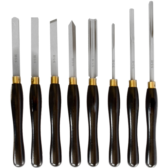 Image of a Tork Craft Chisel Set Wood Turning HSS 8 Piece Wooden Case