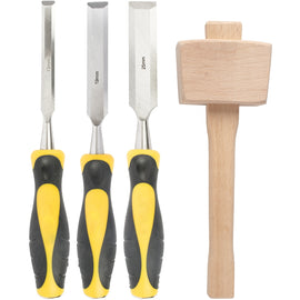 Image of a Tork Craft Chisel Set Wood 3 Piece Plus Wooden Mallet Blister