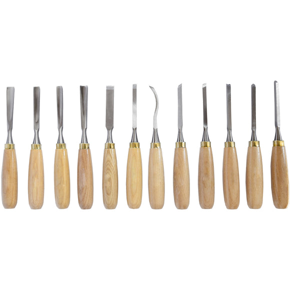 Image of a Tork Craft Chisel Set Wood Carving 12piece In Leather Pouch