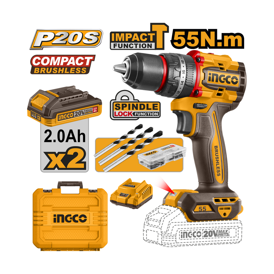 Ingco 20V 55Nm Drill Kit