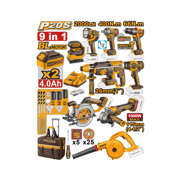 INGCO 20V 9 in 1 Cordless Power Tool Combo Set
