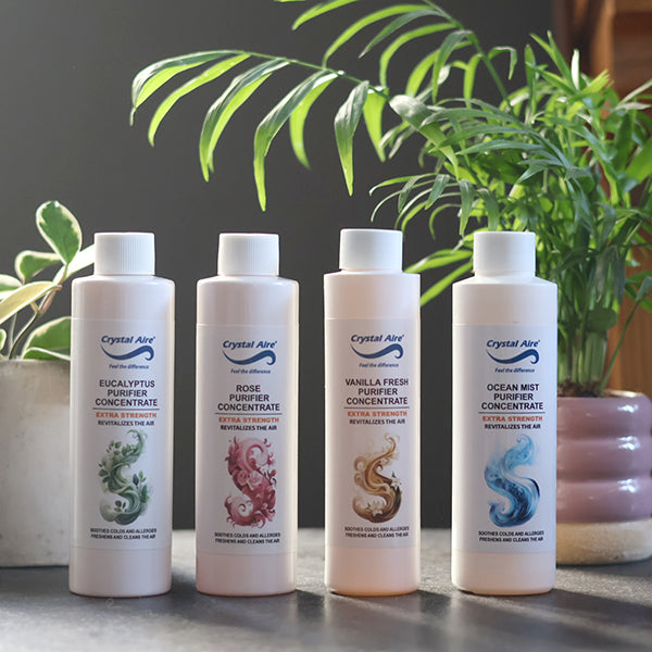 Image of a Crystal Aire 200ml Rose, Vanilla, Eucalyptus and Ocean Mist Air Purifier Concentrates 4 Pack out of packaging