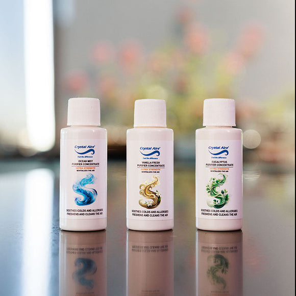 Image of a Crystal Aire 30ml Ocean Mist, Eucalyptus & Vanilla Air Purifier Concentrates 3 Pack out of packaging