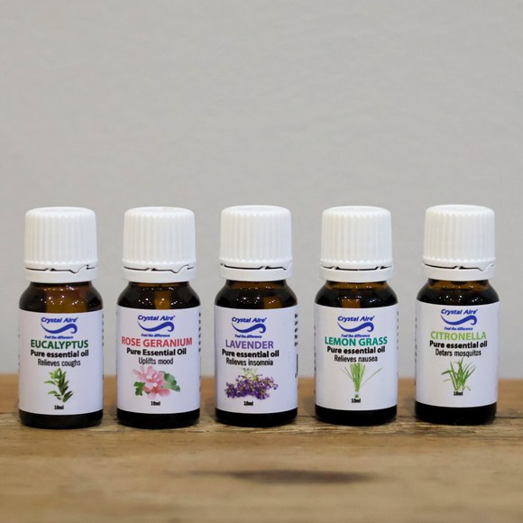 Image of a Crystal Aire 5 Pack 10ml Assorted Essential Oils out of packaging