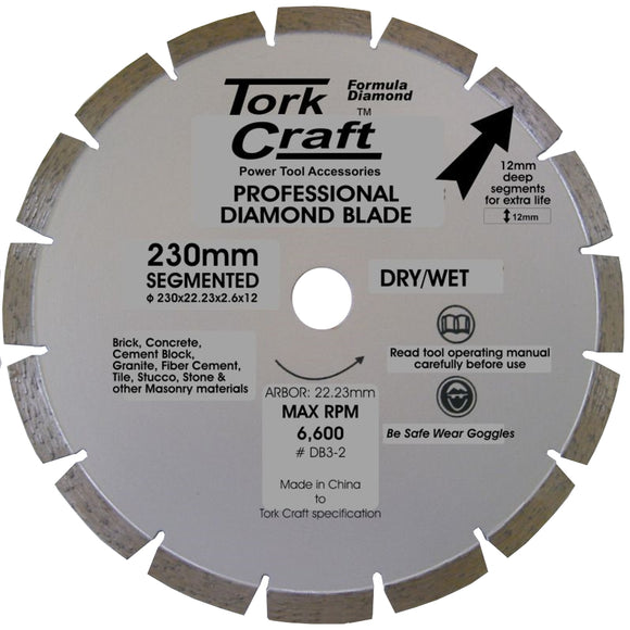 Image of a Tork Craft Diamond Blade Segmented 230mm For Granite 12mm Deep Segments