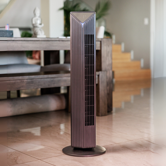 Image of a Crystal Aire Black Sterilization Tower Fan out of packaging