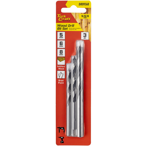 Image of a Tork Craft Drill Bit Wood 3pc Set 5-6-8mm