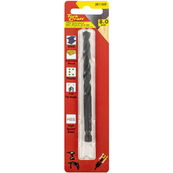 Image of a Tork Craft Drill Bit HSS Standard 8.0mm Hex Shank 