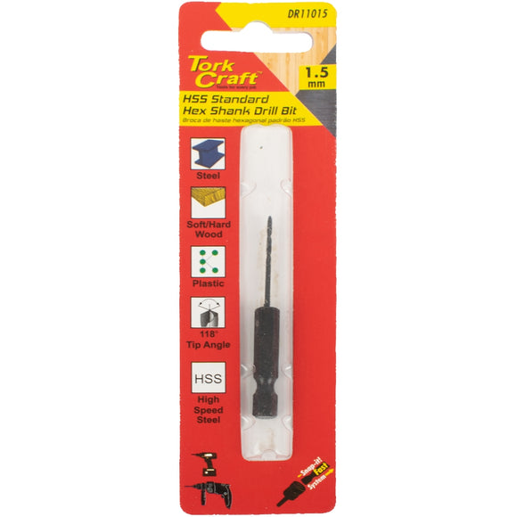 Image of a Tork Craft Drill Bit HSS Standard 1.5mm Hex Shank 